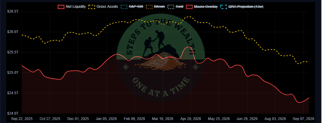 Global net liquidity chart: net liquidity against gross assets over one year, weekly