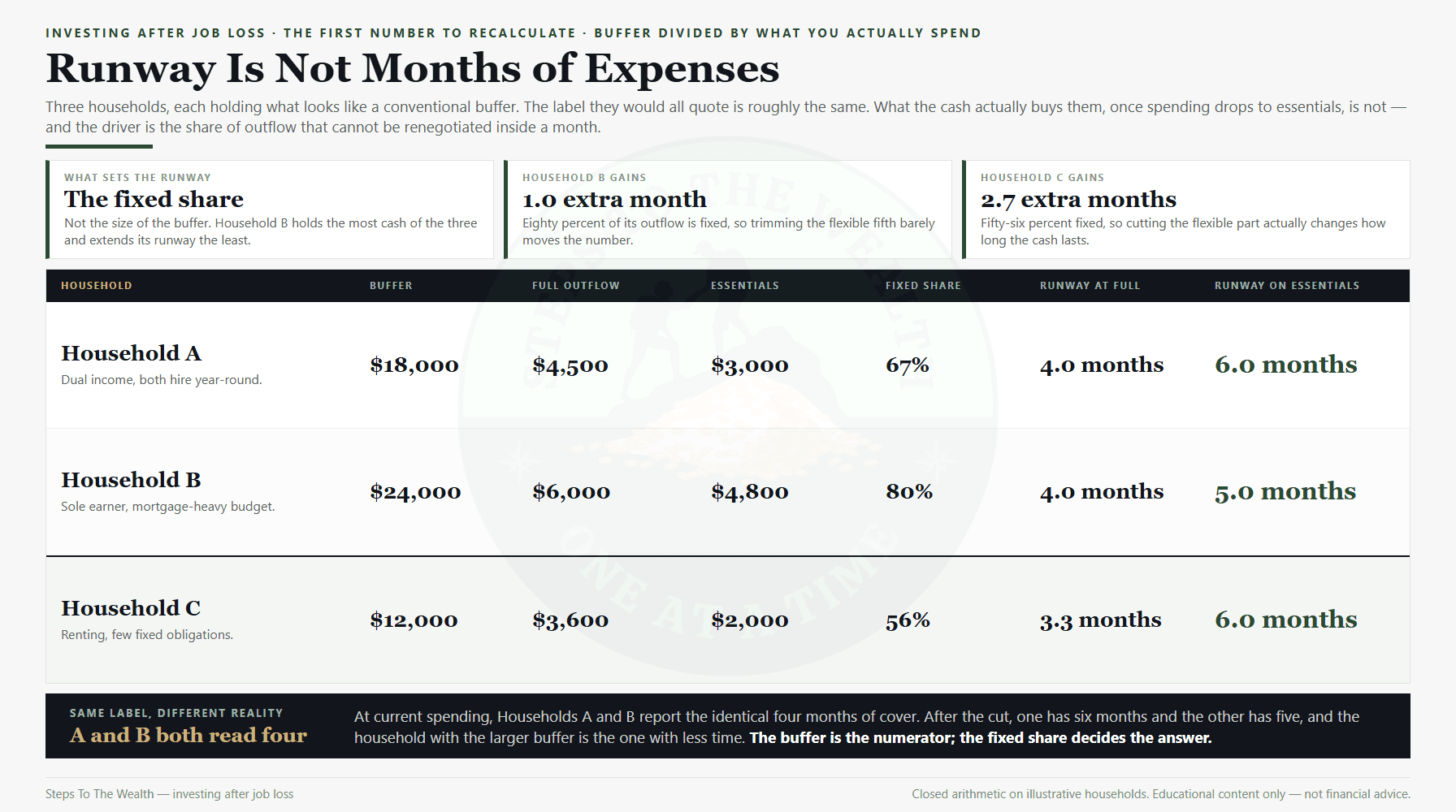 Investing after job loss: runway is the buffer divided by essential outflow, not months of expenses